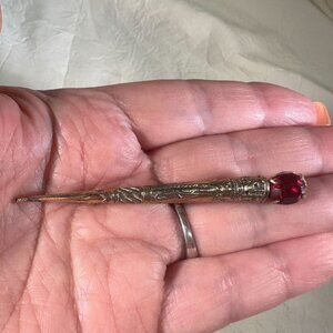 Antique Gold-Tone Jeweled knights sword Thistle Pin Brooch Red Glass Gemstone